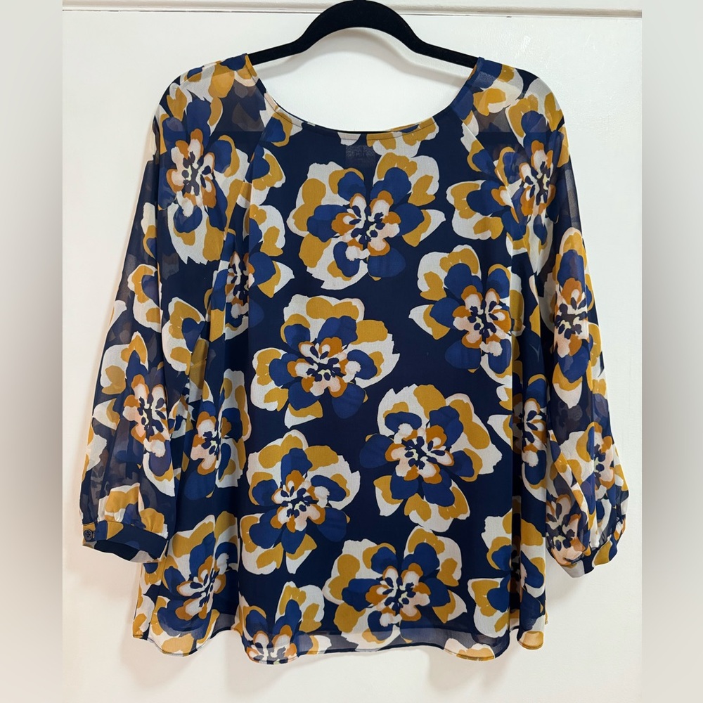 Cabi navy and mustard flowered blouse.